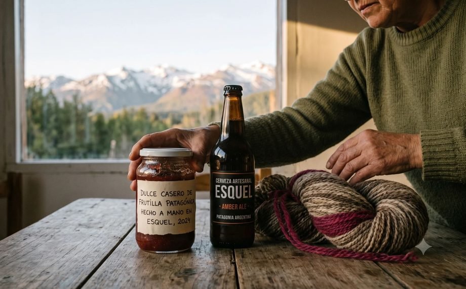 Frasco de dulce casero con etiqueta escrita a mano, botella de cerveza artesanal y madeja de lana teñida sobre una mesa de madera