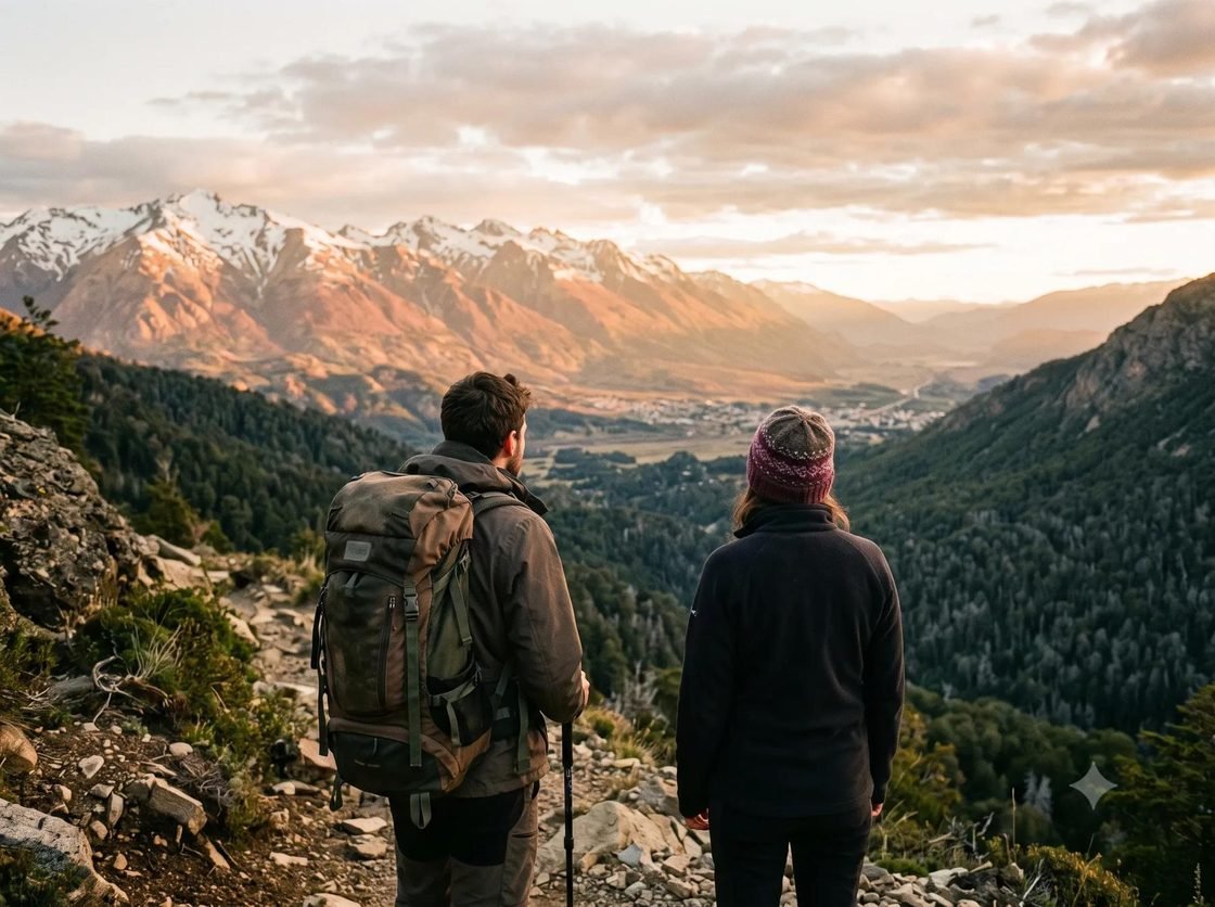 Dos personas de espaldas mirando el valle de Esquel y la cordillera al atardecer