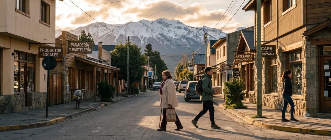Calle comercial de Esquel con la cordillera de fondo
