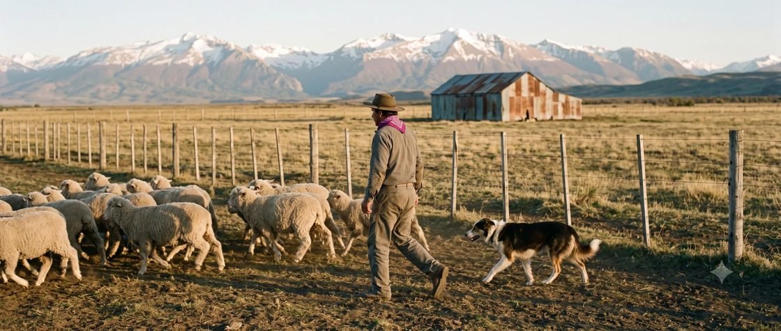 Campo con ovejas, un perro de trabajo y un galpón, con la cordillera de fondo
