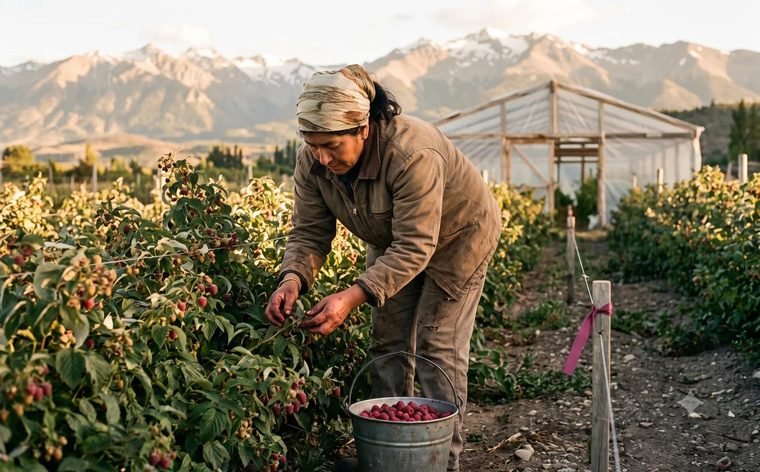 Persona cosechando frambuesas entre hileras de cultivo con un invernadero al fondo