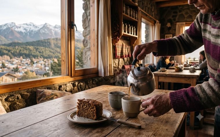 Persona sirviendo té y torta casera en una mesa de madera con vista a la montaña