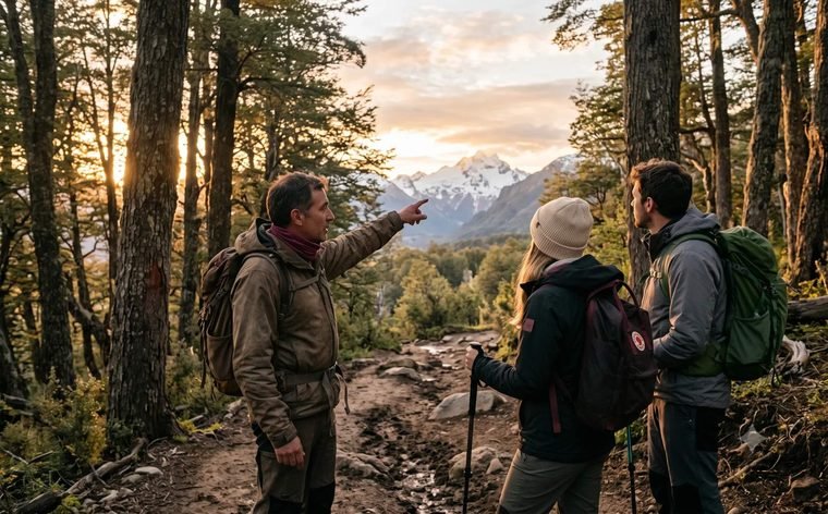Guía señalando un pico nevado a dos visitantes en un sendero de trekking