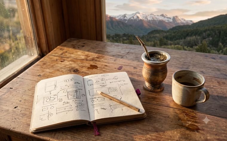 Cuaderno con anotaciones, lápiz y mate sobre una mesa de madera, con la cordillera de fondo