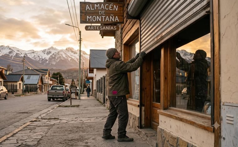 Persona abriendo la persiana de su local, el Almacén de Montaña, con la cordillera de fondo